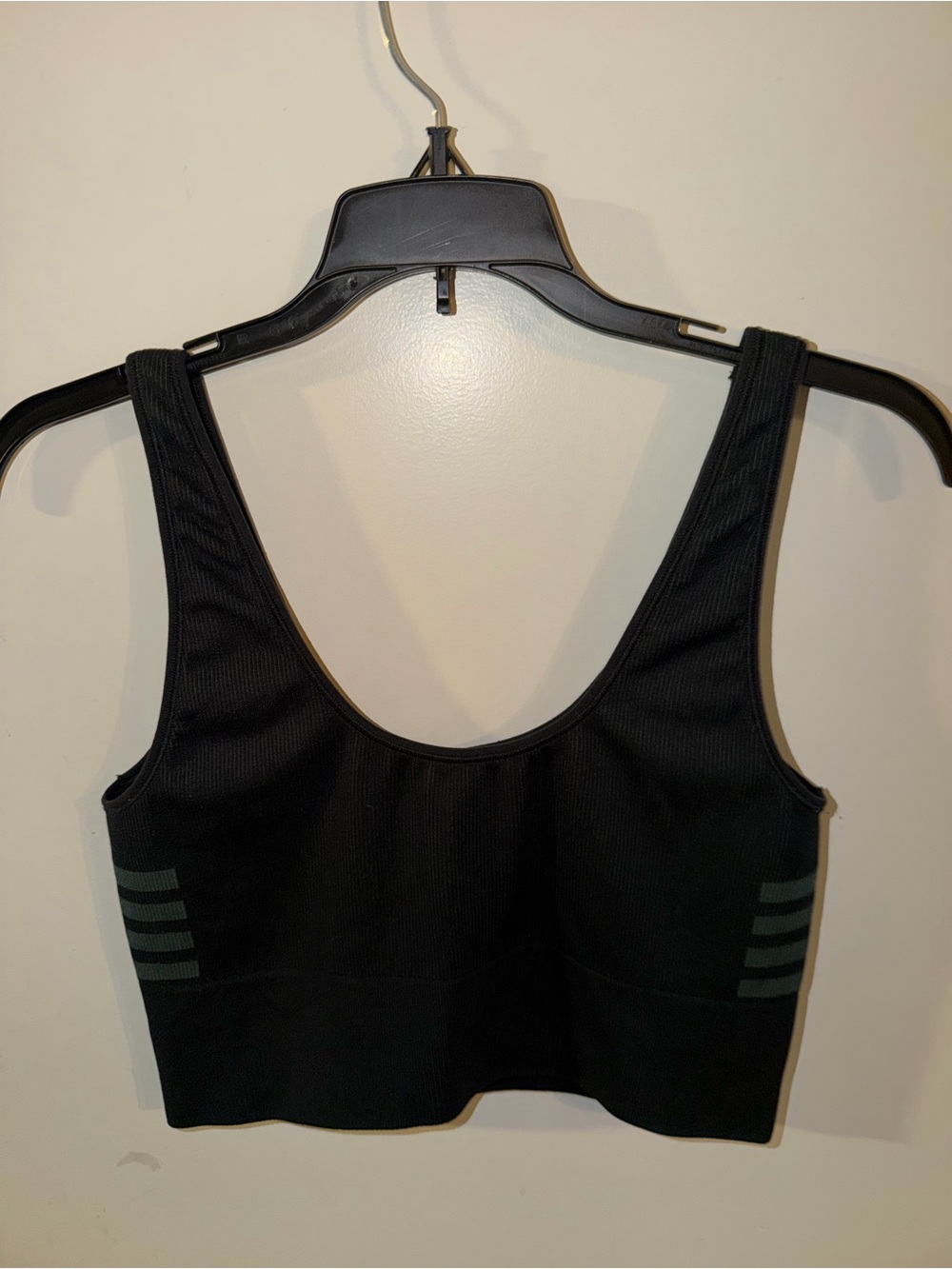 Outdoor Voices Black Seamless Scoop-Back Sports Bra with Subtle Stripes